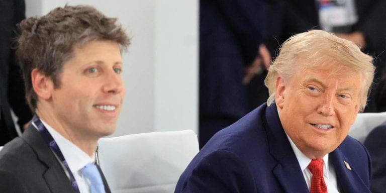 US President Donald Trump (C) and Open AI CEO Sam Altman (L) react during a working lunch meeting of G7 members, partner countries, and artificial intelligence business leaders as part of the G7 summit, in Evian, eastern France, on June 17, 2026. A G7 summit is set to take place June 15 to 17 in the French town of Evian-les-Bains near Switzerland and it will be attended by country leaders as well as the EU's foreign policy chief and ministers from Brazil, Canada, the United Arab Emirates and Turkey. (Photo by Ludovic MARIN / AFP via Getty Images)